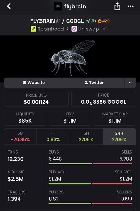 The image shows a crypto tracking page for the $FLYBRAIN/GOOGL token on Robinhood and Uniswap V4, displaying a price of $0.001124, a market cap of $1.1M, and a 2706% gain over 24 hours, alongside a wireframe illustration of a fly—visually supporting the post's claim that a real fly inspired this memecoin that has reached a $1M market cap.