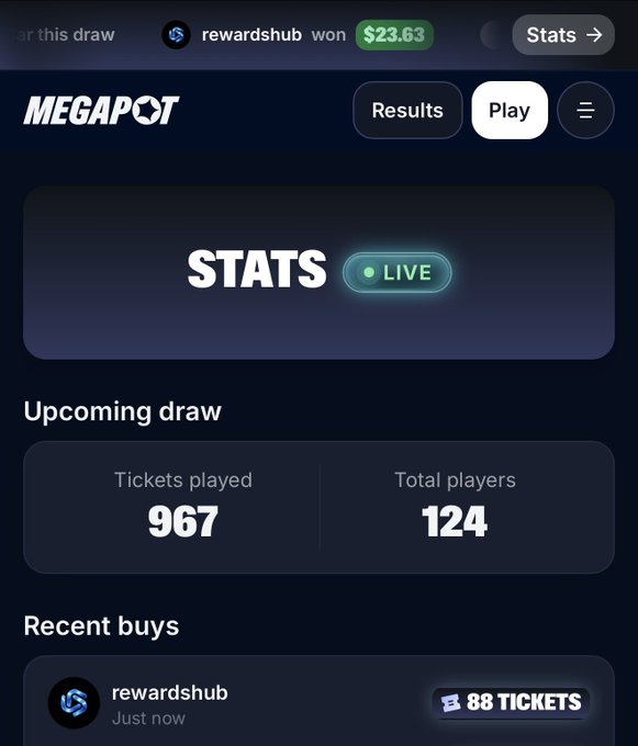 A MEGAPOT lottery app interface showing live stats for an upcoming draw with 967 tickets played by 124 players, and a recent purchase of 88 tickets by user rewardshub.