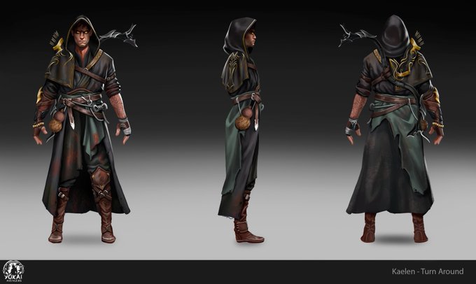 A character design turnaround sheet showing a hooded warrior named 'Kaelen' from three angles (front, side, back), wearing dark green and brown robes with a sword and dagger. Text reads 'YOKAI CONCEPT STUDIO' and 'Kaelen - Turn Around'.