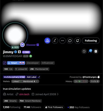 A screenshot of a Twitter/X profile page for user "jimmy" (@JIMMYEDGAR) showing 3,929 tweets, 77.4K followers, and 7,350 following, with the bio "true simulation updates" and the text "sim tech" highlighted.