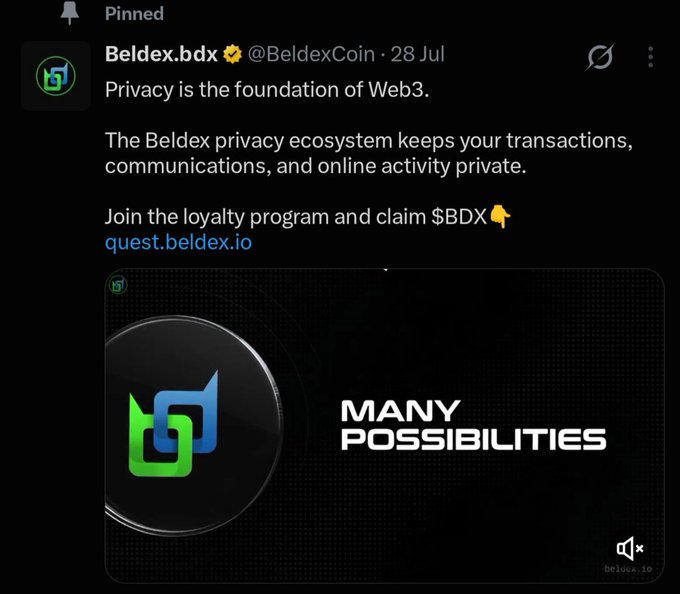 A pinned tweet from Beldex.bdx (@BeldexCoin) dated 28 Jul states 'Privacy is the foundation of Web3' and promotes a loyalty program at quest.beldex.io, featuring a 'MANY POSSIBILITIES' graphic.