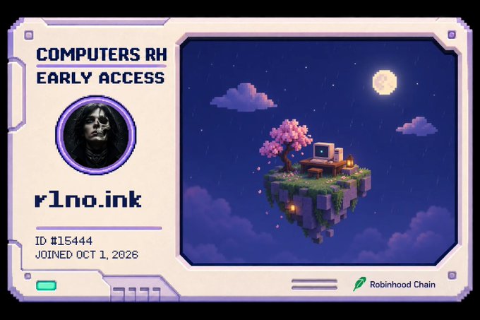 A pixel art digital card styled like a Roblox profile featuring 'COMPUTERS RH EARLY ACCESS', a skull avatar named 'rino.ink' with ID #15444 and a join date of OCT 1, 2026, alongside a floating island with a cherry blossom tree and retro computer under a moonlit sky. The card is branded with the Robinhood Chain logo.