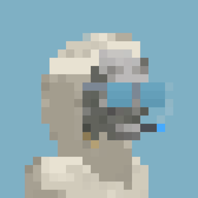 A pixel art image depicting a figure with light skin wearing a white helmet and a blue visor or mask, set against a light blue background.