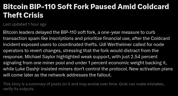 A news headline reads "Bitcoin BIP-110 Soft Fork Paused Amid Coldcard Theft Crisis," with the article mentioning key figures like Udi Wertheimer, Michael Saylor, and Luke Dashjr, plus a 2.54 percent signaling support figure. The post "How about no / Fake news" suggests skepticism or disagreement with the headline's claims about the BIP-110 soft fork delay, possibly implying the story is misleading or exaggerated.