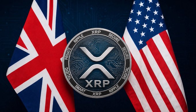 A physical XRP coin is displayed between the British Union Jack and American flags, with the coin reading "XRP, RIPPLE, PRIVATE, SECURE, DIGITAL, SMART." The image visually ties the UK-US joint partnership announcement to Ripple's XRP, symbolizing cross-border crypto collaboration between the two nations.