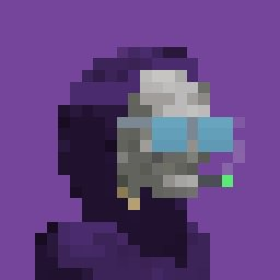 A pixel art portrait of a hooded figure with white hair and a glowing blue visor/goggles against a purple background