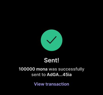 A confirmation screen showing "Sent! 100000 mona was successfully sent to AdGA...45ia" with a green checkmark, displayed against the post's claim of a "FREE 200,000 $MONA" giveaway that asks users to comment with their $SOL address. The image appears designed to mimic a legitimate transaction confirmation, likely as a deceptive tactic to lure users into participating in the alleged $MONA token airdrop.