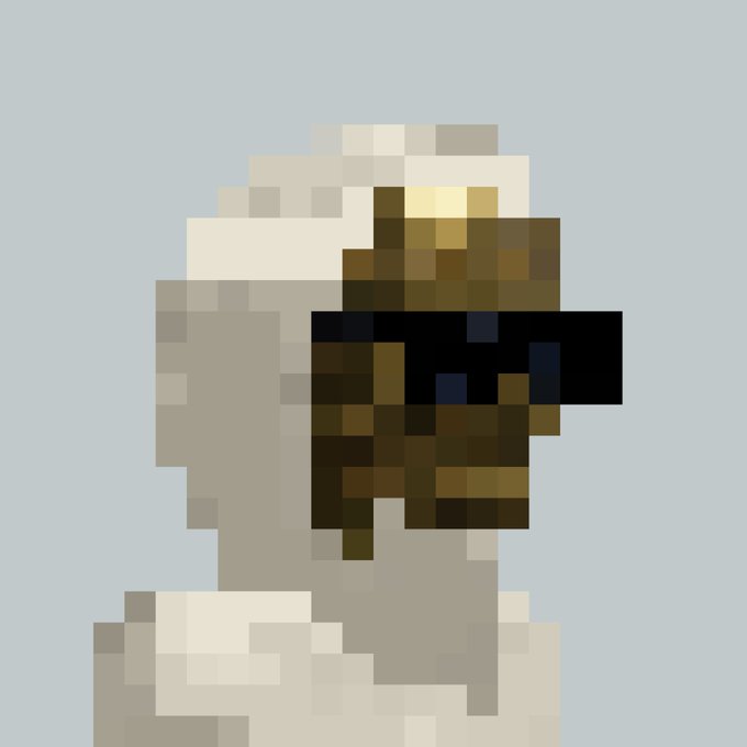 A pixel art portrait of a hooded figure with dark sunglasses against a light blue background, resembling the stylized aesthetic of an NFT collectible. The image visually represents the "Gold Ivory Argonauts" NFT mentioned in the post, which sold for 11.11 ETH (approximately $26,800).