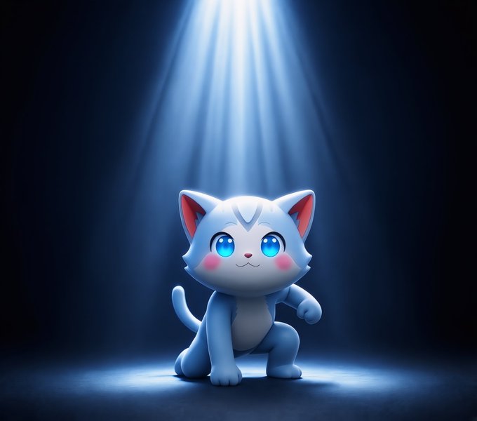 A 3D-rendered cute white kitten with large blue eyes, illuminated by a spotlight against a dark background.