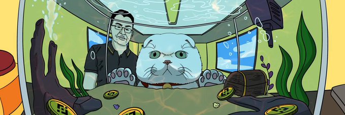 A digital illustration featuring a man resembling John Oliver alongside an angry cartoon cat inside an underwater submarine scene with gold cryptocurrency coins scattered on the floor.