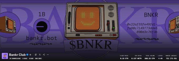 A promotional banner for the cryptocurrency token $BNKR (Bankr Club), showing a retro TV with a smiley face, token contract address, and market data indicating a 4.4% price drop.