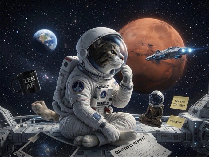A contemplative cat astronaut sits pensively in space beside Earth and Mars, surrounded by humorous items including a "ZEN AF" coffee mug and sticky notes reading "DEADLINE YESTERDAY" and "URGENT!!," while scattered "QUARTERLY REPORT" papers and a small meditating cat complete the scene—visually echoing the $HMM meme coin's resilient comeback narrative through the cat's determined yet weary expression despite the chaos around it.