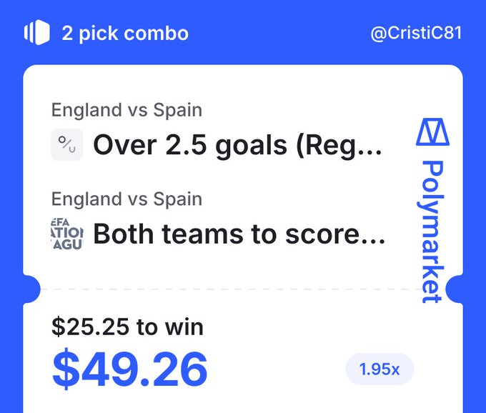 A Polymarket screenshot showing a 2-pick combo bet on the England vs Spain soccer match featuring "Over 2.5 goals" and "Both teams to score" with a potential payout of $49.26 from a $25.25 wager.