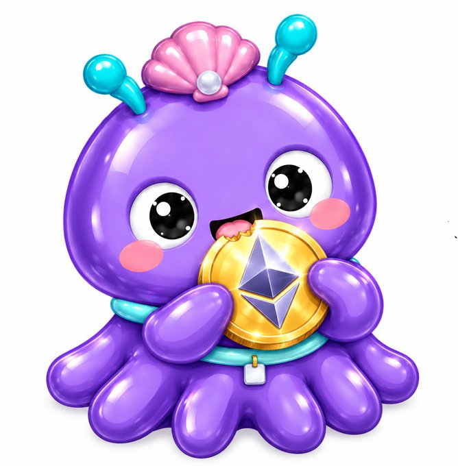 A cute purple cartoon octopus character wearing a pink shell accessory on its head and holding a gold Ethereum coin.