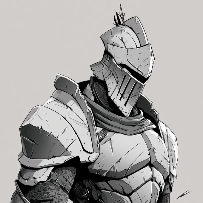 A grayscale illustration depicts a stoic knight in heavy plate armor with a closed helm featuring vertical visor slits, conveying the medieval/fantasy aesthetic typical of NFT profile art, fitting the tweet's giveaway for a 1-of-1 collection. The post invites followers to like, retweet, and comment their favorite movie for a chance to win a whitelist spot in a 100-supply collection.