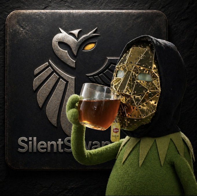 A figure wearing a green felt costume and a golden, geometric mask holds up a glass of tea with a Lipton tag, standing in front of a 'SilentSwap' logo featuring a metallic raven.