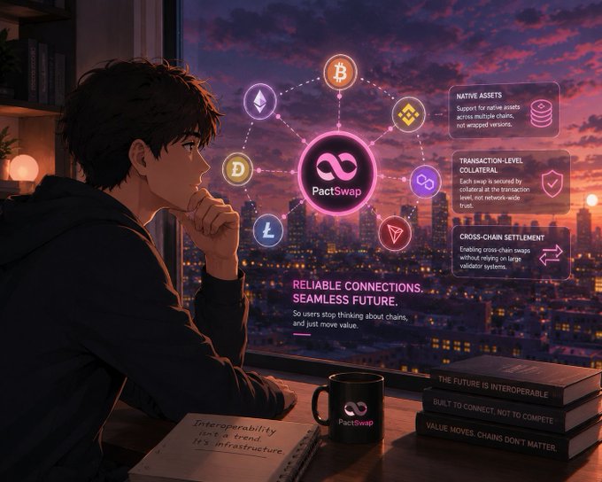 An anime-style illustration promoting PactSwap, showing a young man looking at a cityscape with interconnected cryptocurrency logos and features like native assets and cross-chain settlement.