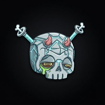 A 3D-rendered mechanical skull with teal circuitry, red horns, and antennas protruding from its sides, dripping green liquid from one eye against a black background.