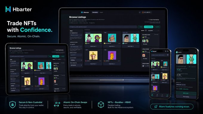 An ad for the 'Hbarter' platform stating 'Trade NFTs with Confidence. Secure. Atomic. On-Chain.', showing the interface across desktop, tablet, and smartphone screens.