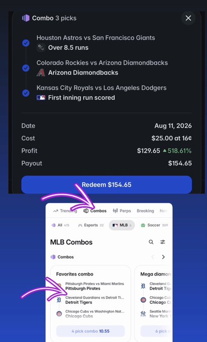 A mobile app screenshot showing MLB sports betting combos, with a popup detailing a $25 bet placed on August 11, 2026, yielding a $129.65 profit and a $154.65 payout on selections including Houston Astros, Colorado Rockies, and Kansas City Royals games.