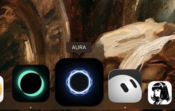 A smartphone dock displays app icons against an oil painting background, including a green ring icon, a blue glowing ring labeled 'AURA' in a speech bubble, and a ghost icon.