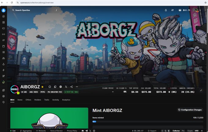 A screenshot of the OpenSea NFT marketplace page for the collection 'AIBORGZ,' displaying artwork of cartoon zombie-like characters and minting information.