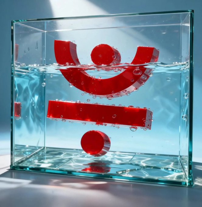 A 3D-rendered glass cube filled with water containing a red prohibition symbol (circle with diagonal line), with a red rectangular bar and circle floating inside the water.