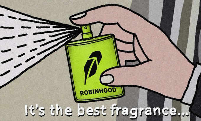 The illustration depicts a hand holding a green perfume bottle labeled "ROBINHOOD" being sprayed, with the caption "It's the best fragrance..." tying into the post's playful comparison of Robinhood's investment platform to a desirable scent, referencing the ticker $HOME.