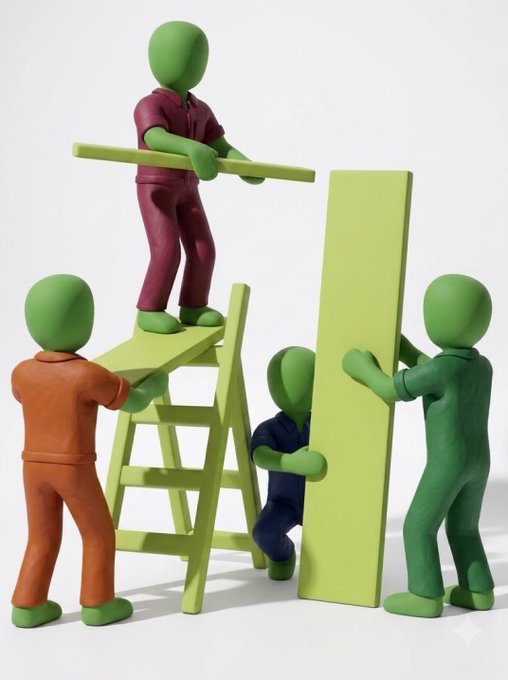 A 3D render shows four green clay-like figures collaborating to build a structure, with one on a ladder holding a horizontal beam, an orange figure steadying the ladder, a small blue figure assisting, and another green figure holding a vertical panel.
