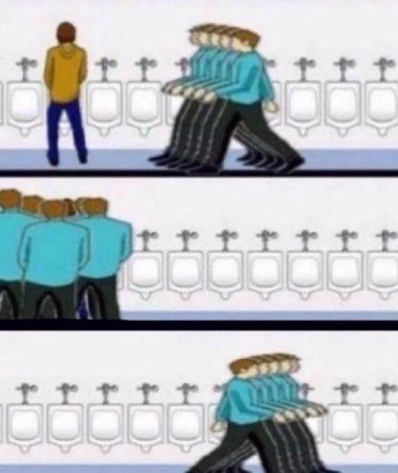 The image is a three-panel comic depicting a popular meme about group mentality at public urinals: a single person stands at a urinal in the first panel, then a group of people line up behind him in the second, and finally the group walks together to a different urinal in the third. The accompanying post uses this meme humorously to illustrate how you and your friends, along with all your bots, swarm to compete for a limited "mint pass" opportunity.