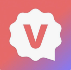 A white speech bubble with a red 'V' logo on a red-to-purple gradient background.