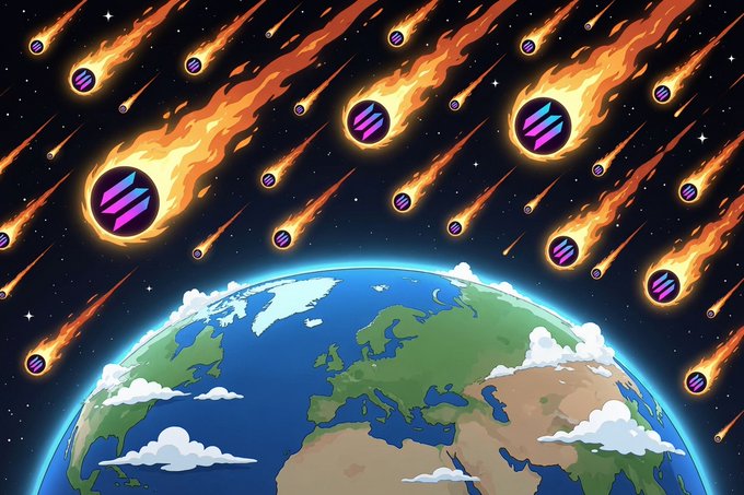 A cartoon-style illustration depicts flaming meteoroids with rocket fins streaking toward Earth from space, symbolizing Solana's meteoric rise. The fiery projectiles landing on the globe visually represent the post's claim of Solana aggressively dominating crypto narratives and positioning itself as the premier blockchain for builders.