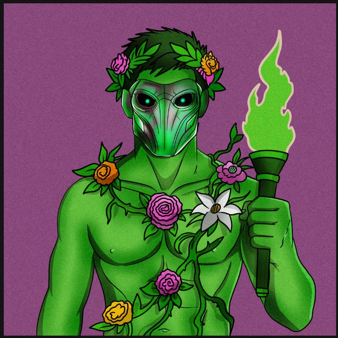 A digital illustration of a muscular green-skinned humanoid figure wearing a metallic mask, adorned with vines and flowers on his body, and holding a flaming green torch against a purple background.