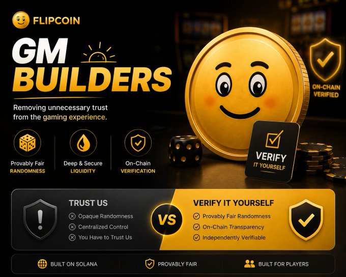 A promotional graphic for 'FLIPCOIN GM BUILDERS' featuring a large smiling gold coin and a die, highlighting features like 'Provably Fair RANDOMNESS', 'Deep & Secure LIQUIDITY', and 'On-Chain VERIFICATION', built on Solana.