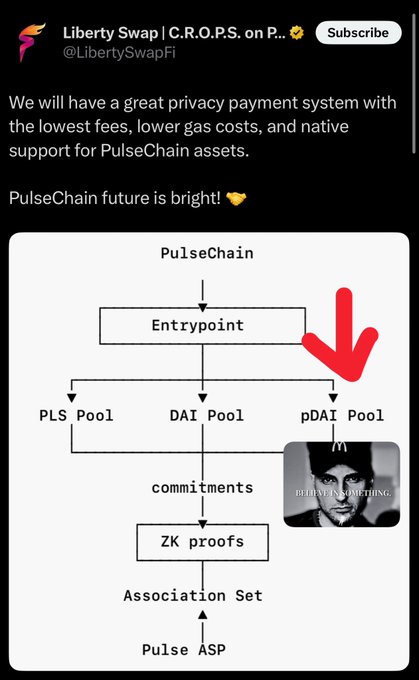 A tweet from @LibertySwapFi announcing a privacy payment system for PulseChain, accompanied by a flowchart diagram explaining the system's Entrypoint, pools, ZK proofs, and Association Set, overlaid with a red arrow and a small image of Conor McGregor.