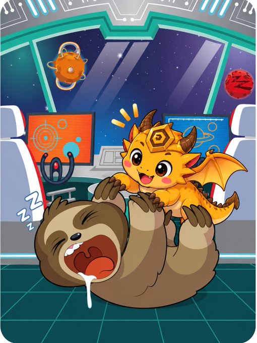 A cartoon illustration depicts a sleeping, drooling brown sloth being playfully woken up by a small, energetic yellow dragon inside a spaceship cockpit with planets visible in the windows.