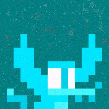 Pixel art illustration of a blue alien-like creature with rabbit-like ears and a wide white smile against a dark teal starry background.