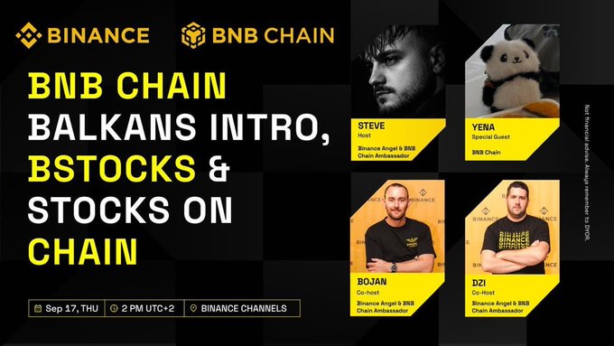 A promotional graphic for a BNB Chain Balkans event titled 'BNB Chain Balkans Intro, BStocks & Stocks on Chain' scheduled for Sep 17, featuring hosts Steve, Yena, Bojan, and Dzi as Binance Angel & BNB Chain Ambassadors.