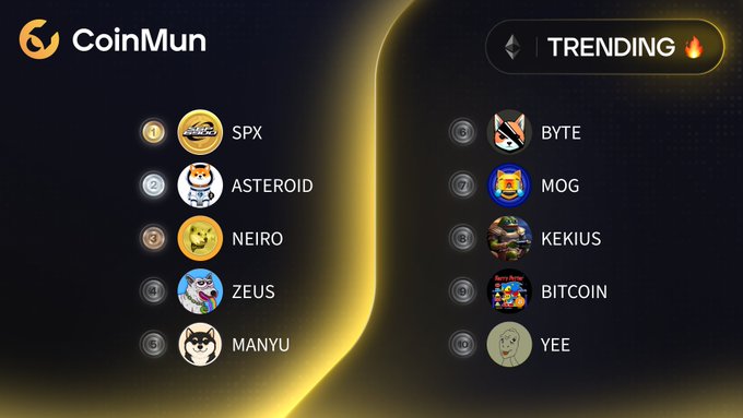 The image shows a "CoinMun Trending" list ranking the top 10 cryptocurrencies on the Ethereum network, with SPX taking the #1 spot, followed by ASTEROID (#2), NEIRO (#3), ZEUS (#4), MANYU (#5), BYTE (#6), MOG (#7), KEKIUS (#8), BITCOIN (#9), and YEE (#10). The graphic visually represents the accompanying post's list of trending Ethereum tokens, each accompanied by its respective mascot avatar and ticker symbol.