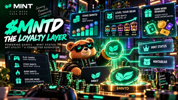 An advertisement for MINT titled '$MNTD THE LOYALTY LAYER' showing a bear character wearing sunglasses surrounded by floating panels detailing features like 'PLAY GAMES,' 'STAKE $MNTD,' and 'LEVEL YOUR BEAR.'