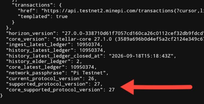 A screenshot of JSON code showing Horizon/Stellar network details, with a red arrow pointing to the value "27" for "supported_protocol_version" on a testnet.