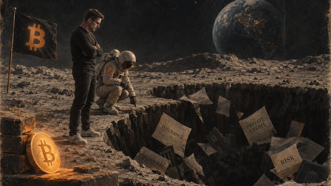 An astronaut kneels beside a man in dark clothing on a lunar surface, peering into a deep crater filled with scattered papers labeled "INSURANCE," "PRIVATE CREDIT," and "RISK," with Earth looming in the background, a Bitcoin flag, and a glowing Bitcoin coin nearby—symbolizing the growing insurance risk hole amid Bitcoin's rise as discussed in True North Episode 79.