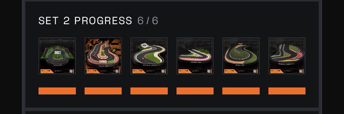 The image shows a "SET 2 PROGRESS 6/6" screen displaying six completed McLaren F1 racing track collectibles, each with orange progress bars underneath fully filled, indicating the collection set has been completed and ready to claim in HashPack.