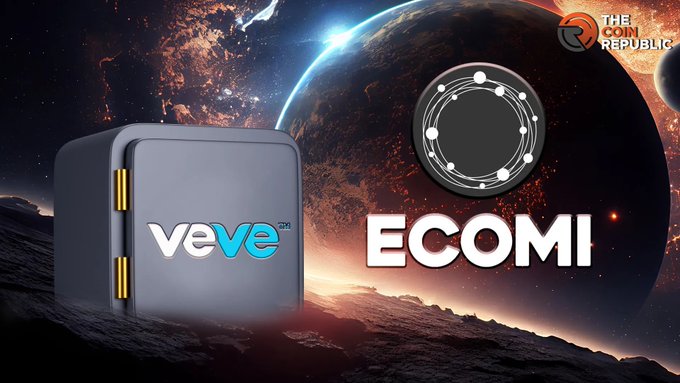 A promotional graphic for ECOMI and VeVe featuring their logos against a cosmic background of planets and stars, with 'The Coin Republic' watermark in the top right.