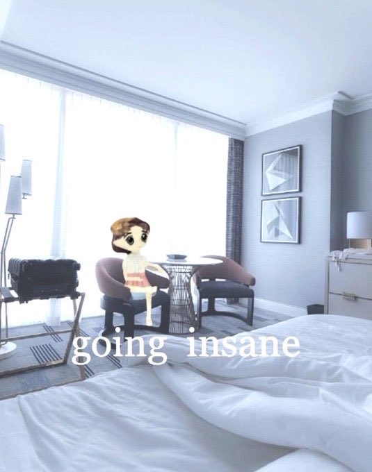 A doll sits alone at a small table in an empty hotel room, with the text "going insane" overlaid in a melancholic aesthetic. The image humorously reflects the post's tone, suggesting the speaker is struggling with hosting the Twitter Space, and playfully teases an upcoming NFT giveaway for attendees who stick around.