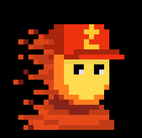 A pixel art image of a character with a red cap featuring a yellow plus sign, with a red/orange disintegrating or dissolving effect on the left side against a black background.