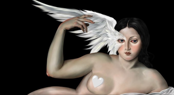 This image, titled "The Silence After Heaven," depicts a woman with half of her face covered by a white wing and a white heart on her chest, echoing the themes of grace and exile mentioned in the accompanying post.
