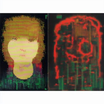 Two digital glitch-art portraits—one showing a pixelated, yellow-and-green tinted face and the other a red-and-green distorted x-ray-like figure—illustrate works from Skomra's "Real and Fake Couples" collection, of which only 3 of 10 pieces remain available for collection.