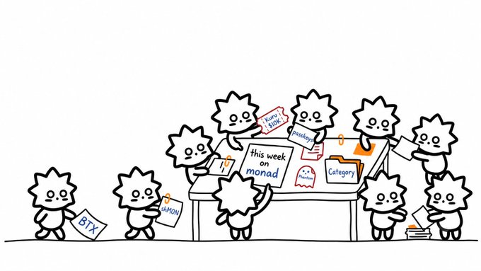 A cartoon illustration of spiky-haired mascot characters gathered around a table labeled 'this week on monad,' with various figures holding papers labeled 'BTX,' 'LAMON,' 'psqlsup,' and 'Category.'