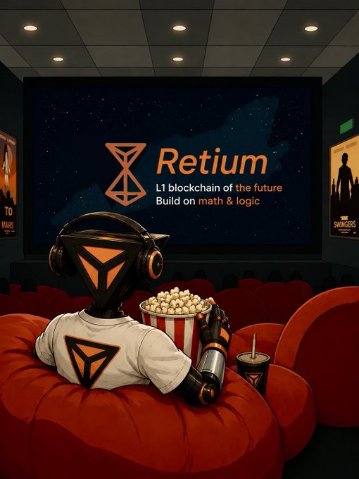 A digital illustration of a robot wearing headphones and a white shirt, sitting in a red cinema chair eating popcorn while watching a screen displaying the 'Retium' logo and the tagline 'L1 blockchain of the future Build on math & logic'.